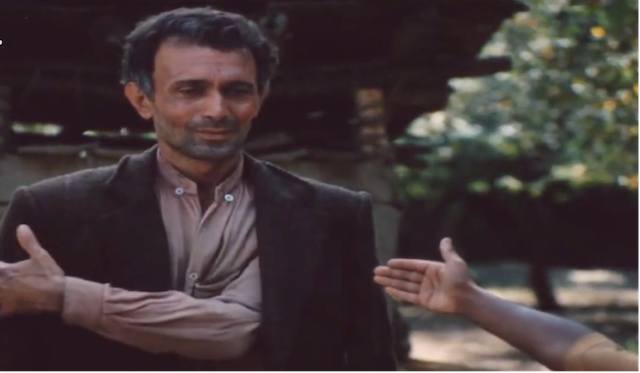 Figure 18: Bāshū suddenly notices that Nā’ī’s husband has lost his arm after offering him a hand-shake. Frame enlargement of a screenshot from the film Bashu, The Little Stranger (Bāshū, Gharībah-yi Kūchak), directed by Bahrām Bayzā’ī, 1986 (01:52:29).
