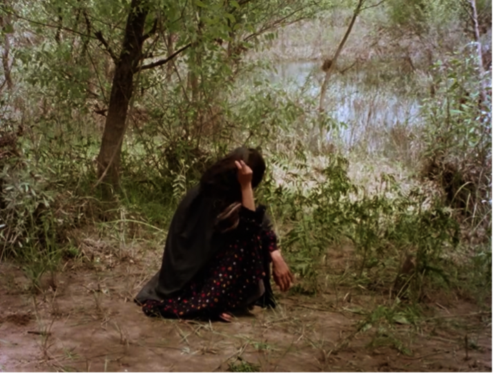 Figure 9: While working in the forest, Rūy’bakhayr removes her headscarf, letting her hair fall free. Still from The Sealed Soil(Khāk-i sar bih muhr), directed by Marvā Nabīlī, 1977.