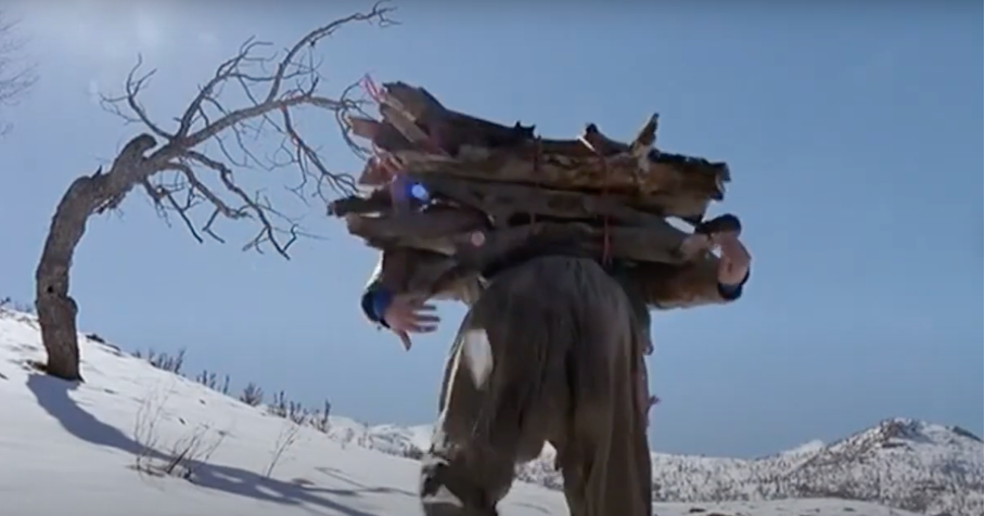 Figure 8: Both Ayoub and the mules carry burdens too heavy for them. A Time for Drunken Horses (2000). Directed by Bahman Ghobadi. Accessed via https://www.youtube.com/watch?v=qp9-2VKNq8I&t=4320s (00:20:14).